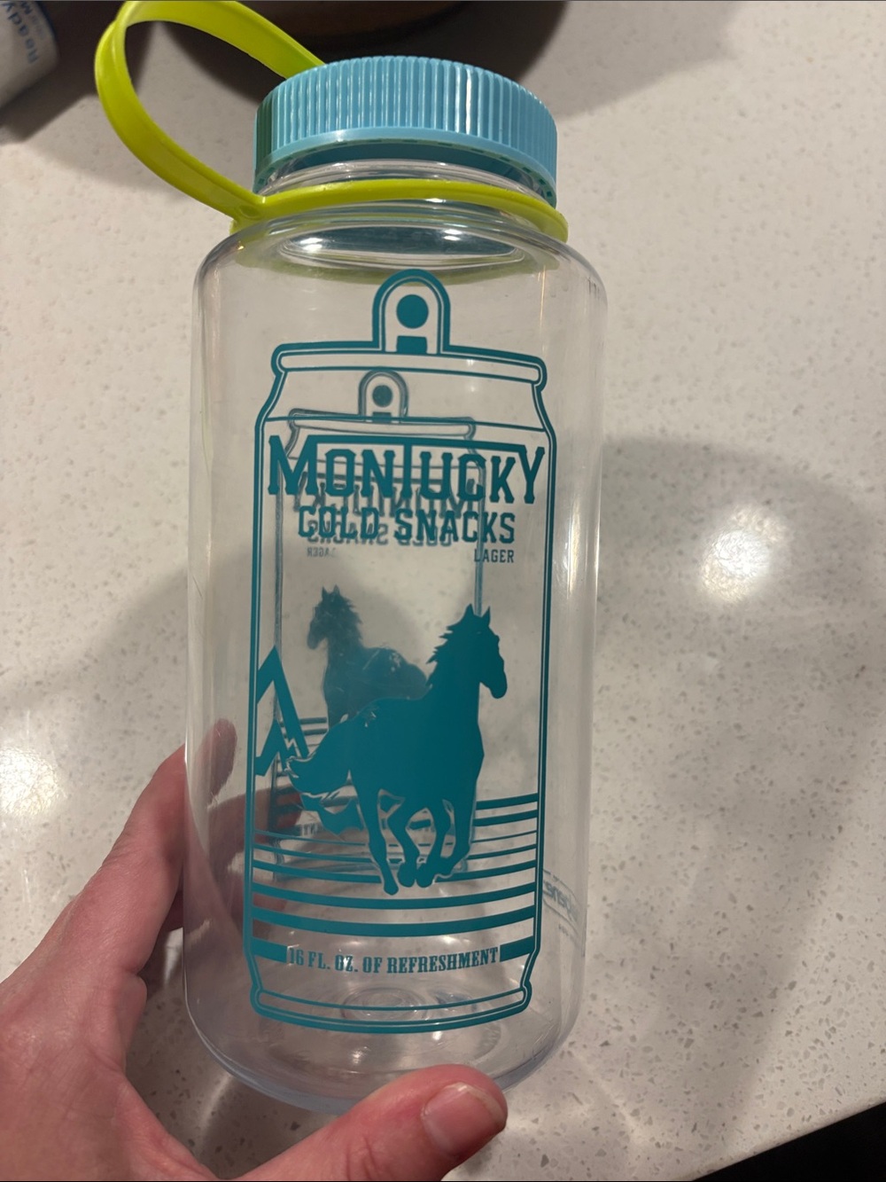 Nalgene Montucky Cold Snacks Clear Water Bottle with Teal Horse Graphic and Lime